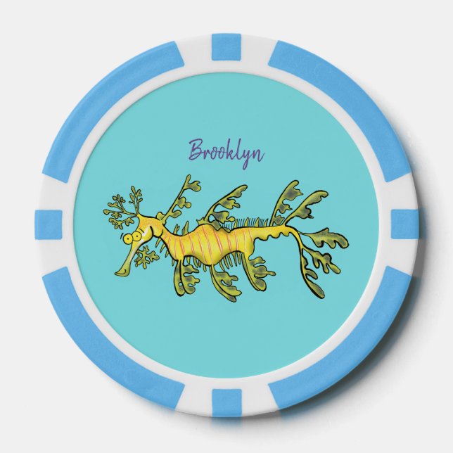 Cute funny leafy sea dragon cartoon illustration poker chips (Front)