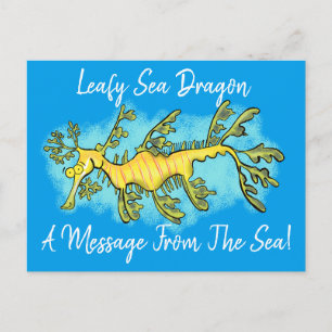 Cute funny leafy sea dragon cartoon illustration postcard