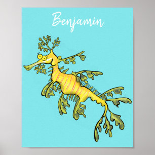 Cute funny leafy sea dragon cartoon illustration poster