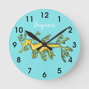 Cute funny leafy sea dragon cartoon illustration round clock