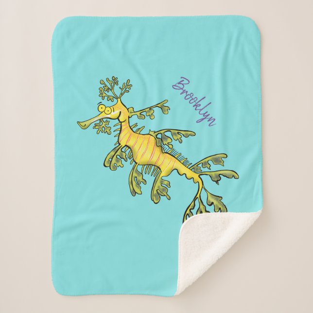 Cute funny leafy sea dragon cartoon illustration sherpa blanket (Front)