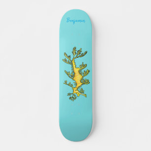 Cute funny leafy sea dragon cartoon illustration skateboard