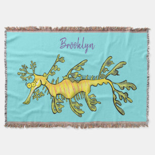 Cute funny leafy sea dragon cartoon illustration throw blanket