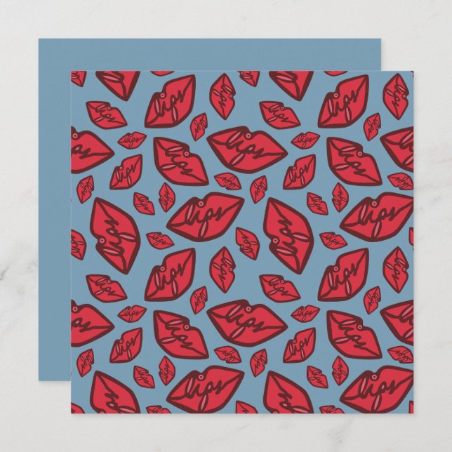 Cute Funny Lips Pattern Blue Background Card (Front/Back)