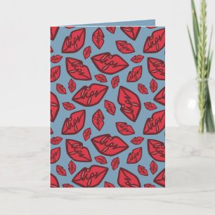 Cute Funny Lips Pattern Blue Background Card