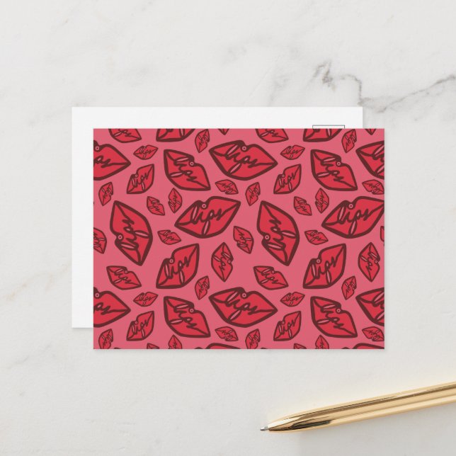 Cute Funny Lips Pattern Pink Background Postcard (Front/Back In Situ)
