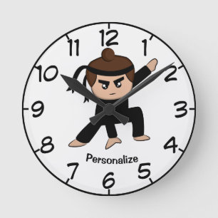 Cute & Funny Little Ninja Boy Cartoon Personalise Round Clock