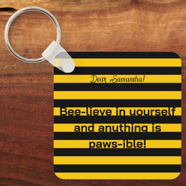 Cute Funny Love Quote Bumble Bee Stripes Pattern Key Ring (Front)