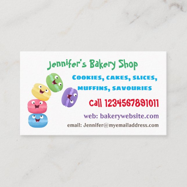 Cute funny macaroons cartoon illustration business card (Front)