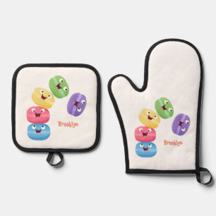 Cute funny macaroons cartoon illustration oven mitt & pot holder set