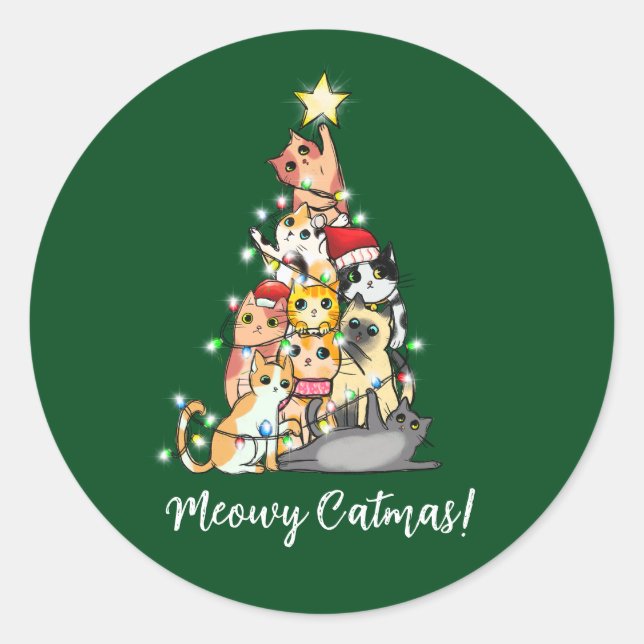 Cute Funny Meowy Catmas Cats Christmas Tree Classic Round Sticker (Front)