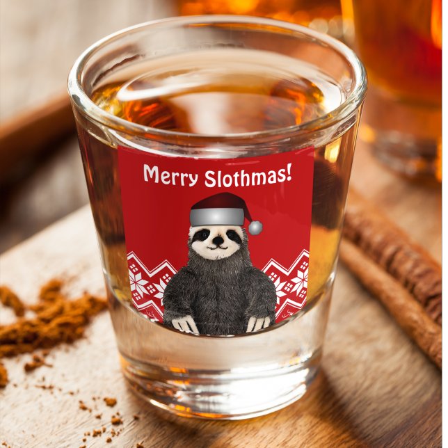 Cute Funny Merry Christmas Sloth Santa Hat Festive Shot Glass (Merry Slothmas Cute Festive Sloth Themed Stocking Stuffers)