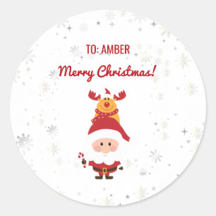 Cute Funny Modern Rudolph Santa Personalised Name  Classic Round Sticker