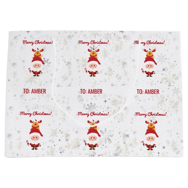 Cute Funny Modern Rudolph Santa Personalised Name  Large Gift Bag (Front)
