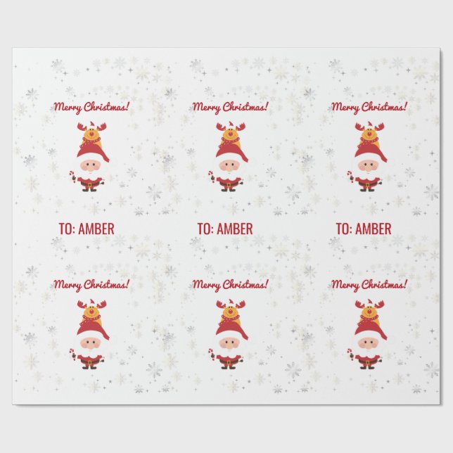 Cute Funny Modern Rudolph Santa Personalised Name  Wrapping Paper (Flat)