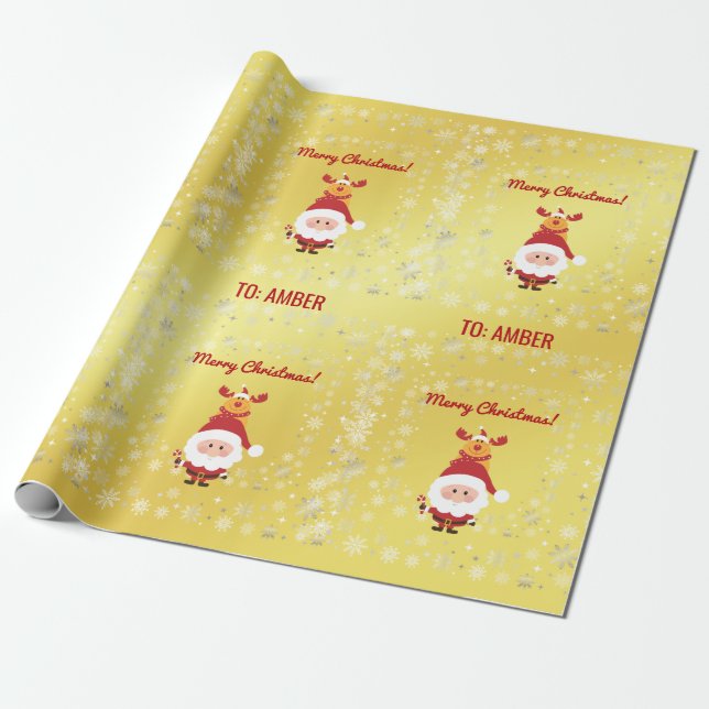 Cute Funny Modern Rudolph Santa Personalised Name  Wrapping Paper (Unrolled)