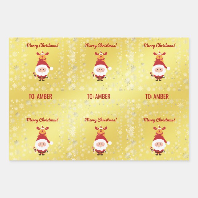 Cute Funny Modern Rudolph Santa Personalised Name  Wrapping Paper Sheet (Front)