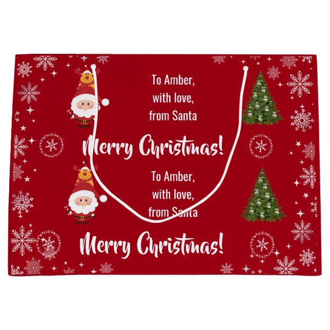 Cute Funny Modern Santa Rudolph Personalised Name  Large Gift Bag (Front)