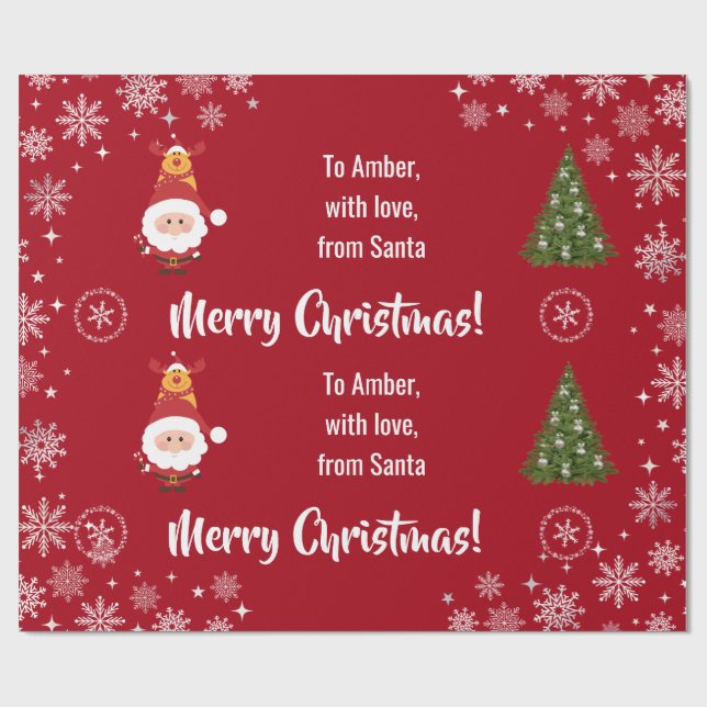 Cute Funny Modern Santa Rudolph Personalised Name  Wrapping Paper (Flat)