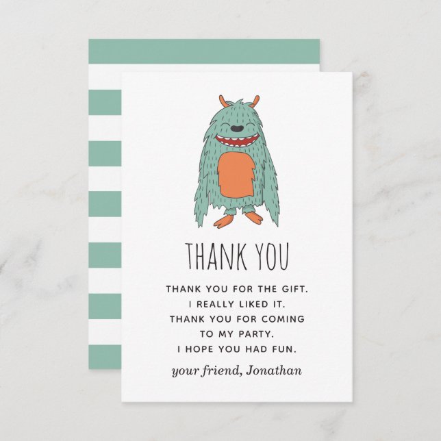 Cute funny monster. Animal kids boy birthday Thank You Card (Front/Back)