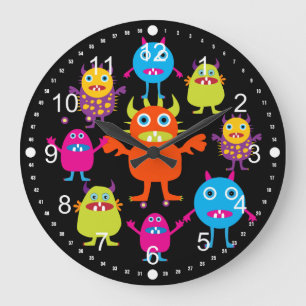Cute Funny Monster Party Creatures in Circle Large Clock