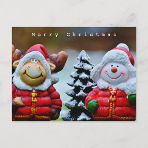 Cute Funny Moose and Snowman in the Snow Postcard