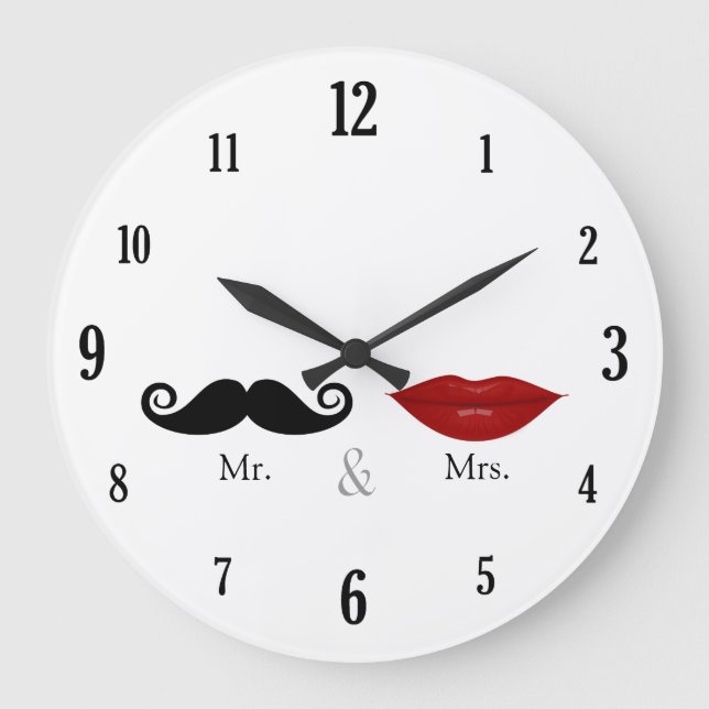 Cute & Funny - Mr. and Mrs. Lips & Mustache Large Clock (Front)