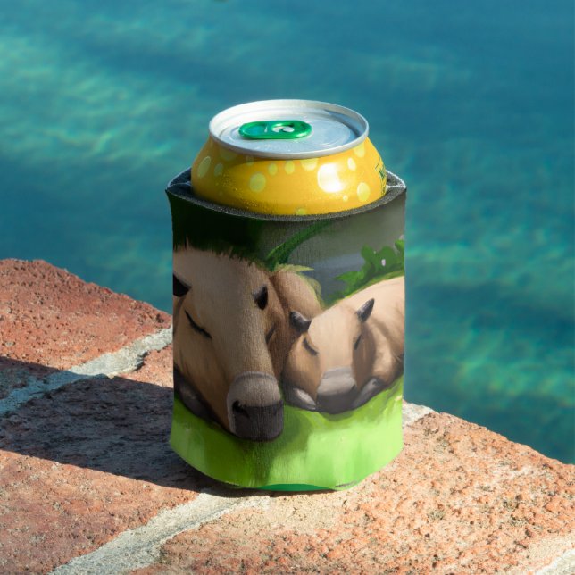 Cute Funny Napping Capybaras by the Pond Can Cooler (In Situ Pool)