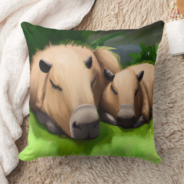 Cute Funny Napping Capybaras by the Pond Cushion (Blanket)