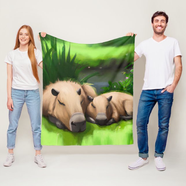 Cute Funny Napping Capybaras by the Pond Fleece Blanket (In Situ)