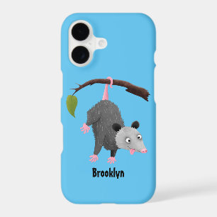 Cute funny opossum hanging from branch cartoon