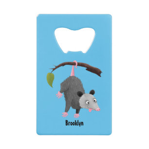 Cute funny opossum hanging from branch cartoon