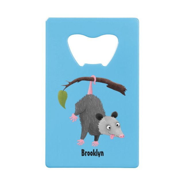 Cute funny opossum hanging from branch cartoon (Front)