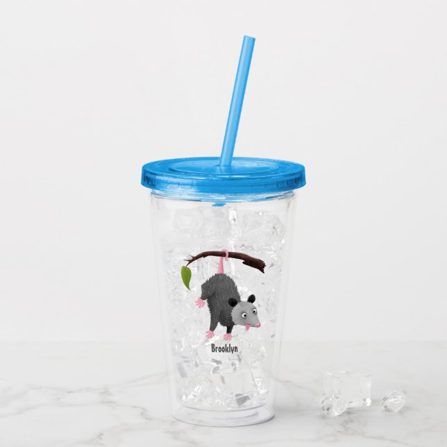 Cute funny opossum hanging from branch cartoon acrylic tumbler (Back Ice)