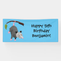 Cute funny opossum hanging from branch cartoon