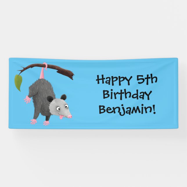 Cute funny opossum hanging from branch cartoon banner (Horizontal)