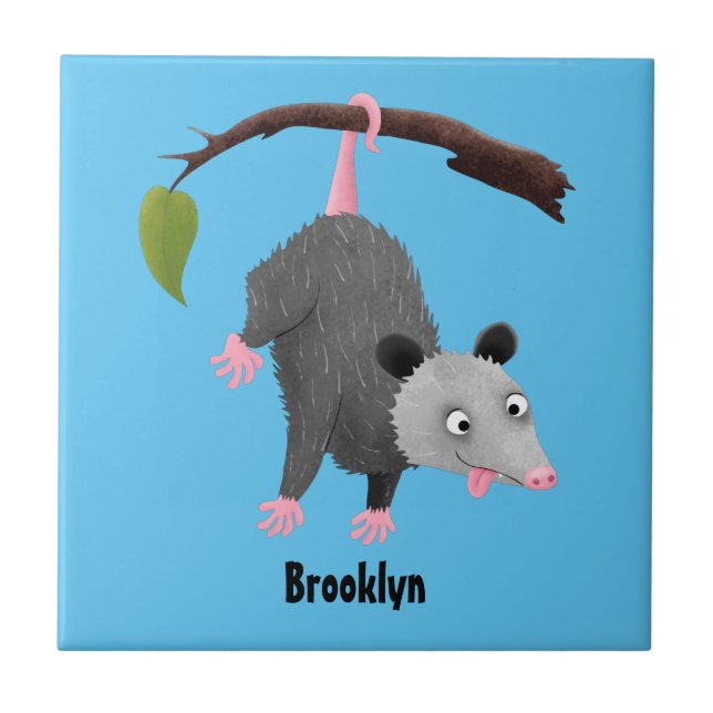 Cute funny opossum hanging from branch cartoon ceramic tile (Front)