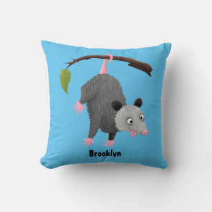 Cute funny opossum hanging from branch cartoon cushion