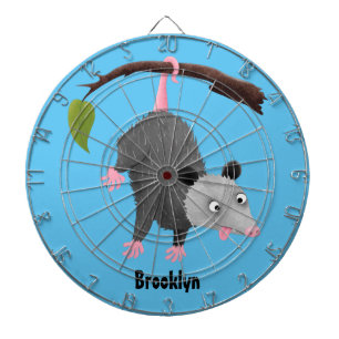 Cute funny opossum hanging from branch cartoon dartboard
