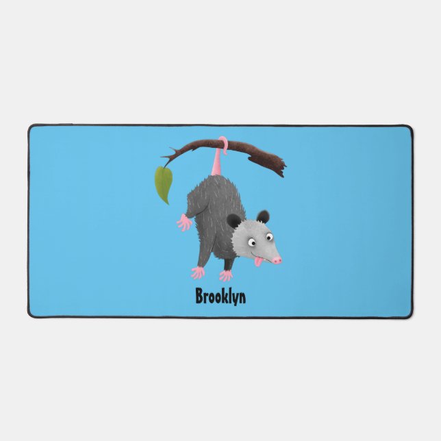 Cute funny opossum hanging from branch cartoon  desk mat (Front)
