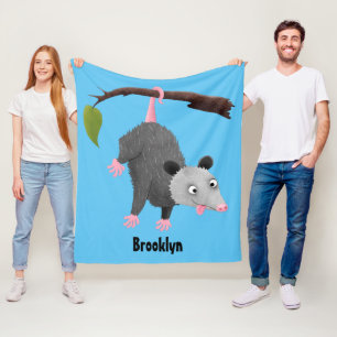 Cute funny opossum hanging from branch cartoon fleece blanket
