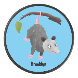 Cute funny opossum hanging from branch cartoon hockey puck