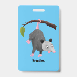 Cute funny opossum hanging from branch cartoon ID badge