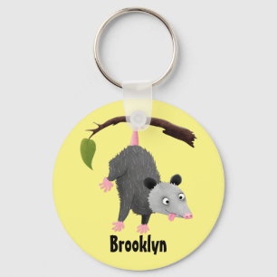 Cute funny opossum hanging from branch cartoon key ring