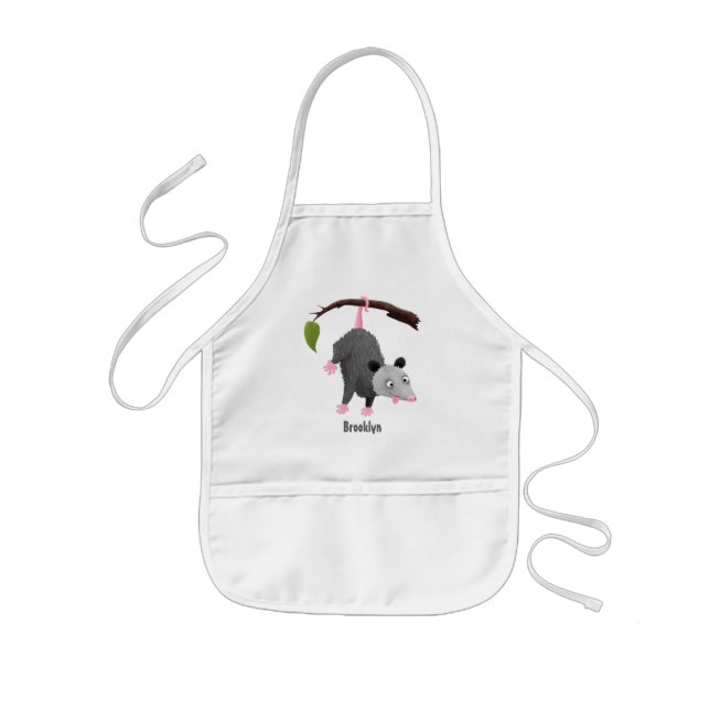 Cute funny opossum hanging from branch cartoon  kids apron (Front)