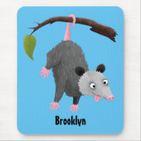 Cute funny opossum hanging from branch cartoon