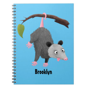Cute funny opossum hanging from branch cartoon  notebook