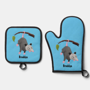 Cute funny opossum hanging from branch cartoon oven mitt & pot holder set