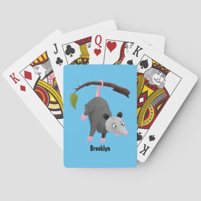 Cute funny opossum hanging from branch cartoon  playing cards (Back)