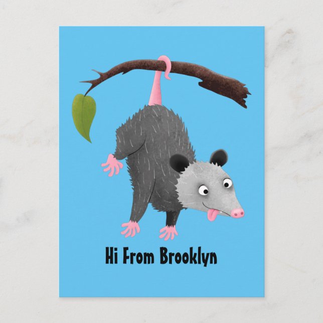 Cute funny opossum hanging from branch cartoon postcard (Front)